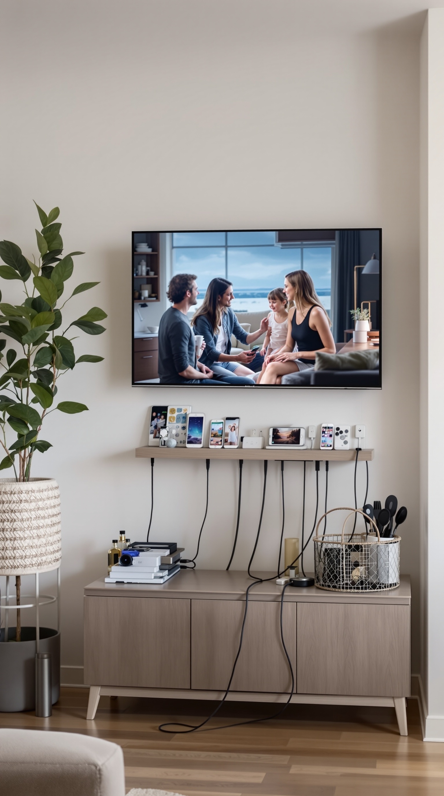 A stylish shared charging station in a living room with multiple devices charging on a shelf.