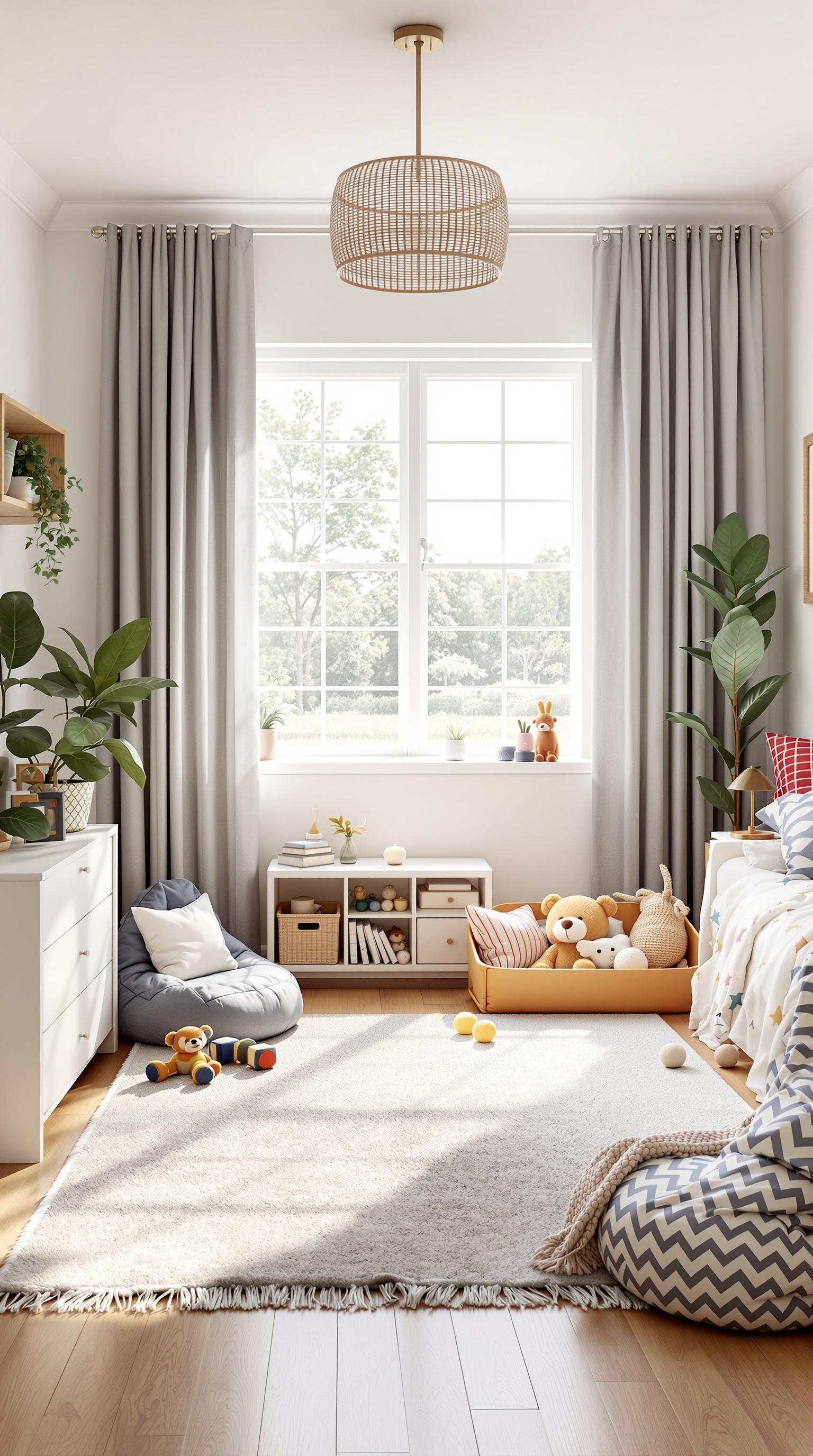 A bright and cheerful shared play area in a kids' bedroom with a soft rug, bean bags, and colorful toys.