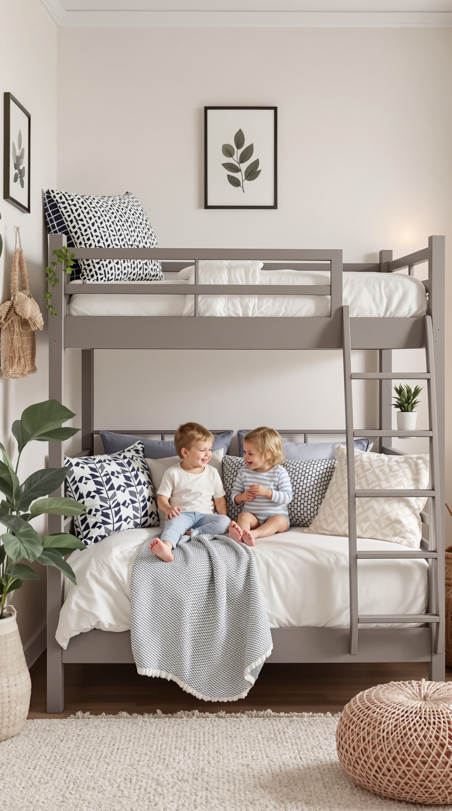 Two children sitting on a bunk bed in a stylish room with modern decor.