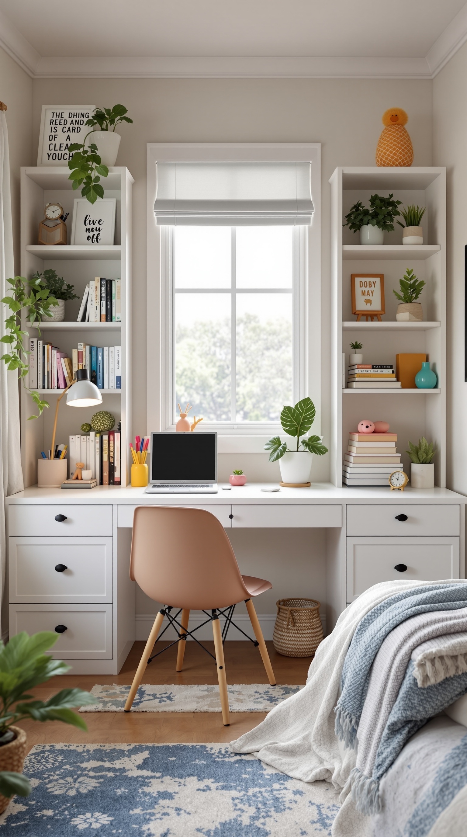 A bright shared study area with a desk, laptop, colorful stationery, and bookshelves filled with plants and decorations.