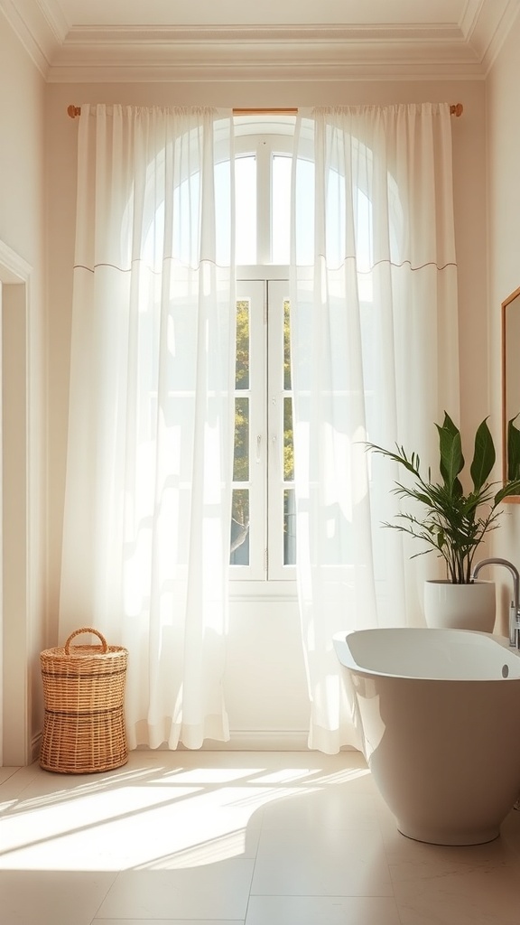 A bright bathroom with sheer curtains, a modern bathtub, and a plant.