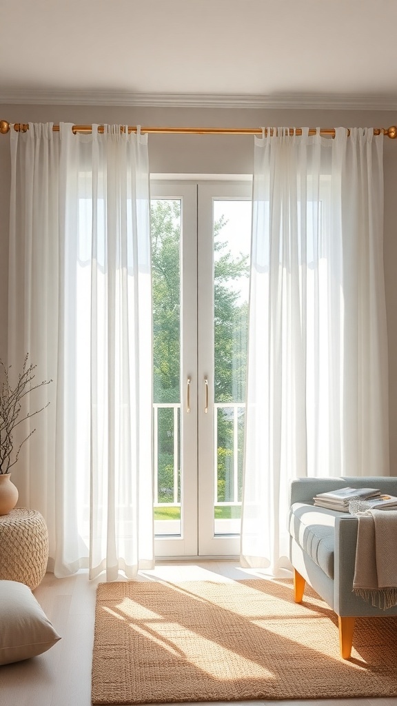 Bright room with sheer curtains covering sliding glass doors, showcasing soft light filtering in.