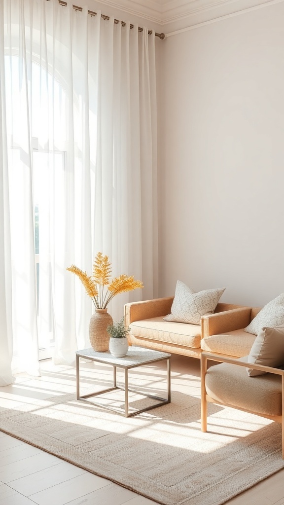 A cozy living room with sheer curtains, light furniture, and a small table with decorative plants.