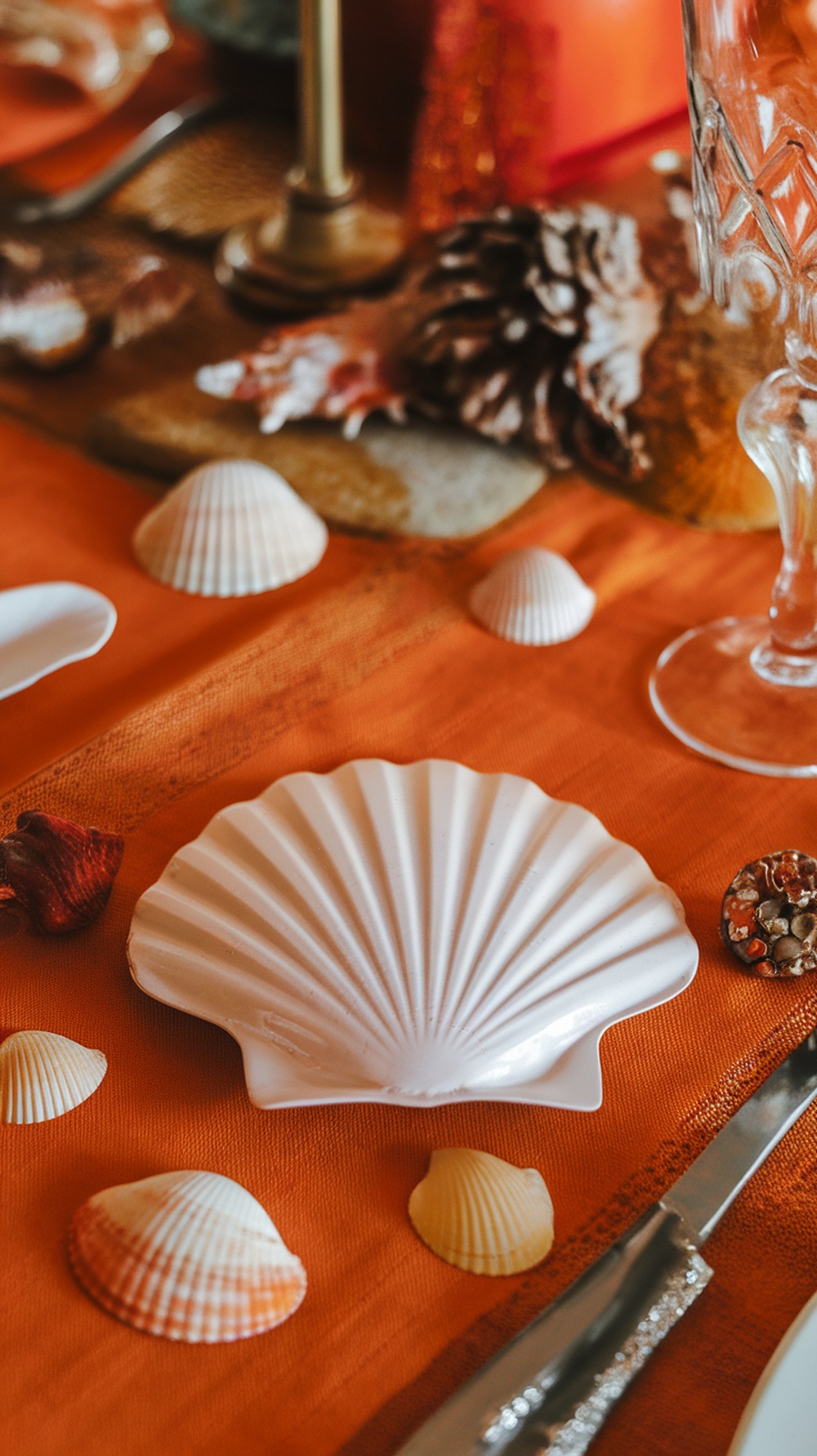 A beautifully set Thanksgiving table featuring a shell napkin fold, seashells, and an orange tablecloth.