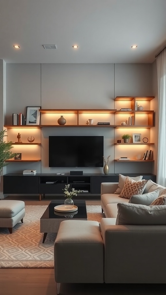 A modern living room featuring a wall shelf with integrated lighting, showcasing decorative items and books.