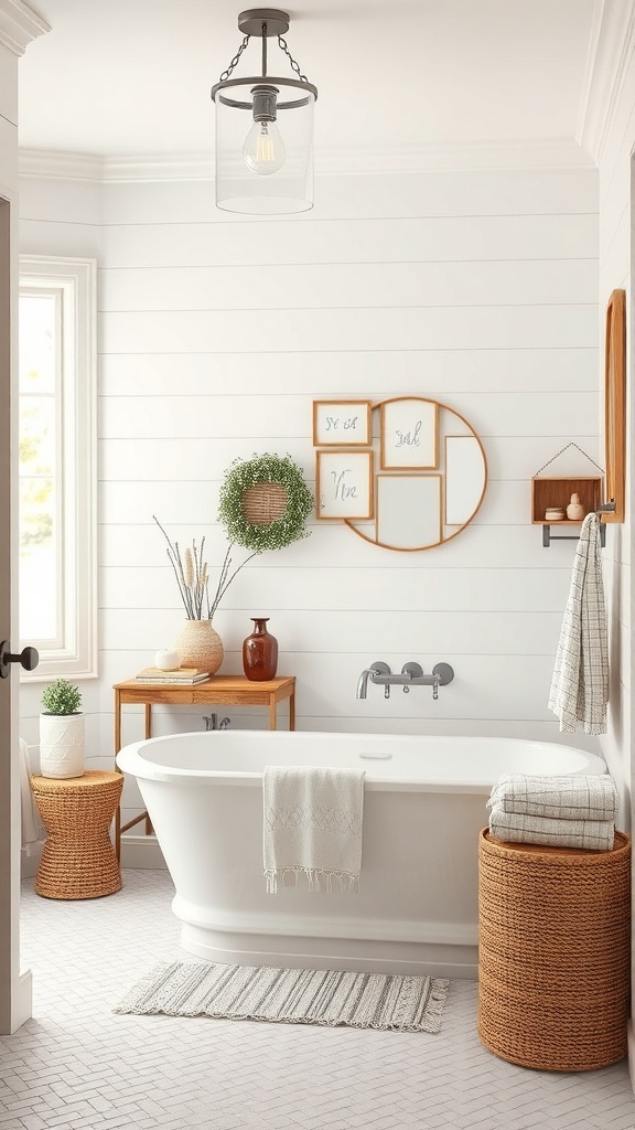 A stylish bathroom with shiplap walls, a freestanding tub, and rustic decor.