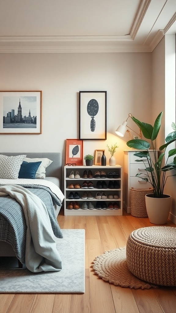 A small bedroom with a shoe rack displaying various pairs of shoes, a cozy bed, and decorative elements.
