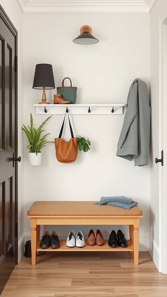 A stylish entryway with a bench, organized shoes underneath, a wall shelf, and hooks for bags and coats.
