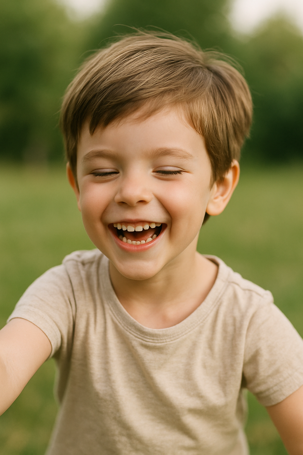 A smiling boy with a short pixie cut, enjoying a sunny day outdoors.