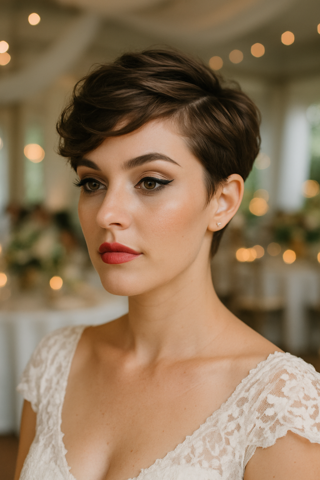A woman with a short textured pixie cut, wearing a lace dress, showcasing a chic hairstyle for a wedding.
