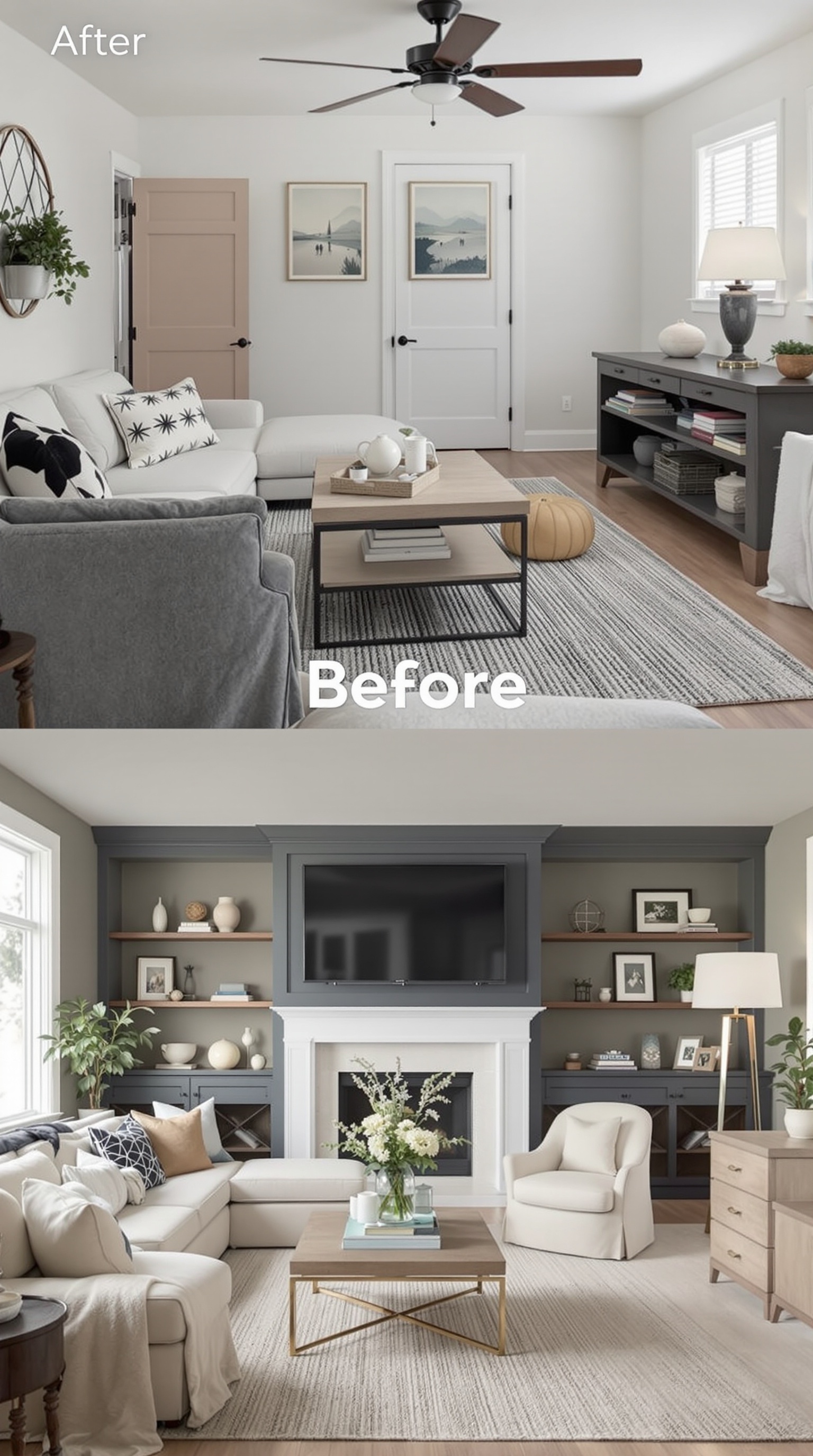 Before and after transformation of a garage into a family room