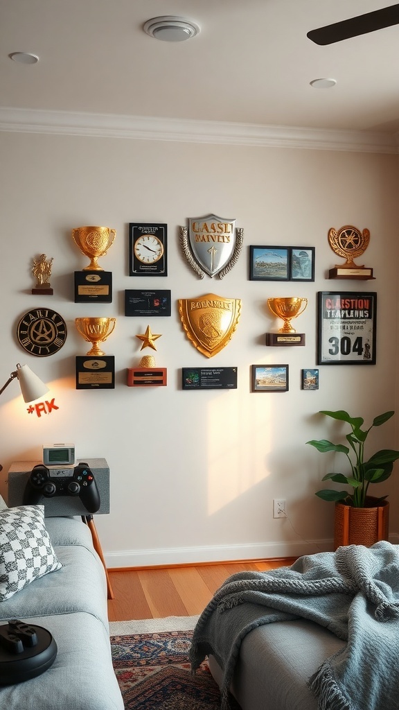 A wall displaying various gaming trophies and awards in a teen's gaming bedroom.