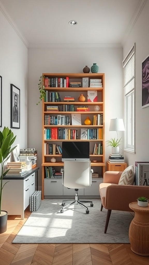 A cozy small office with a bookshelf filled with colorful books, a desk, and a comfortable chair.