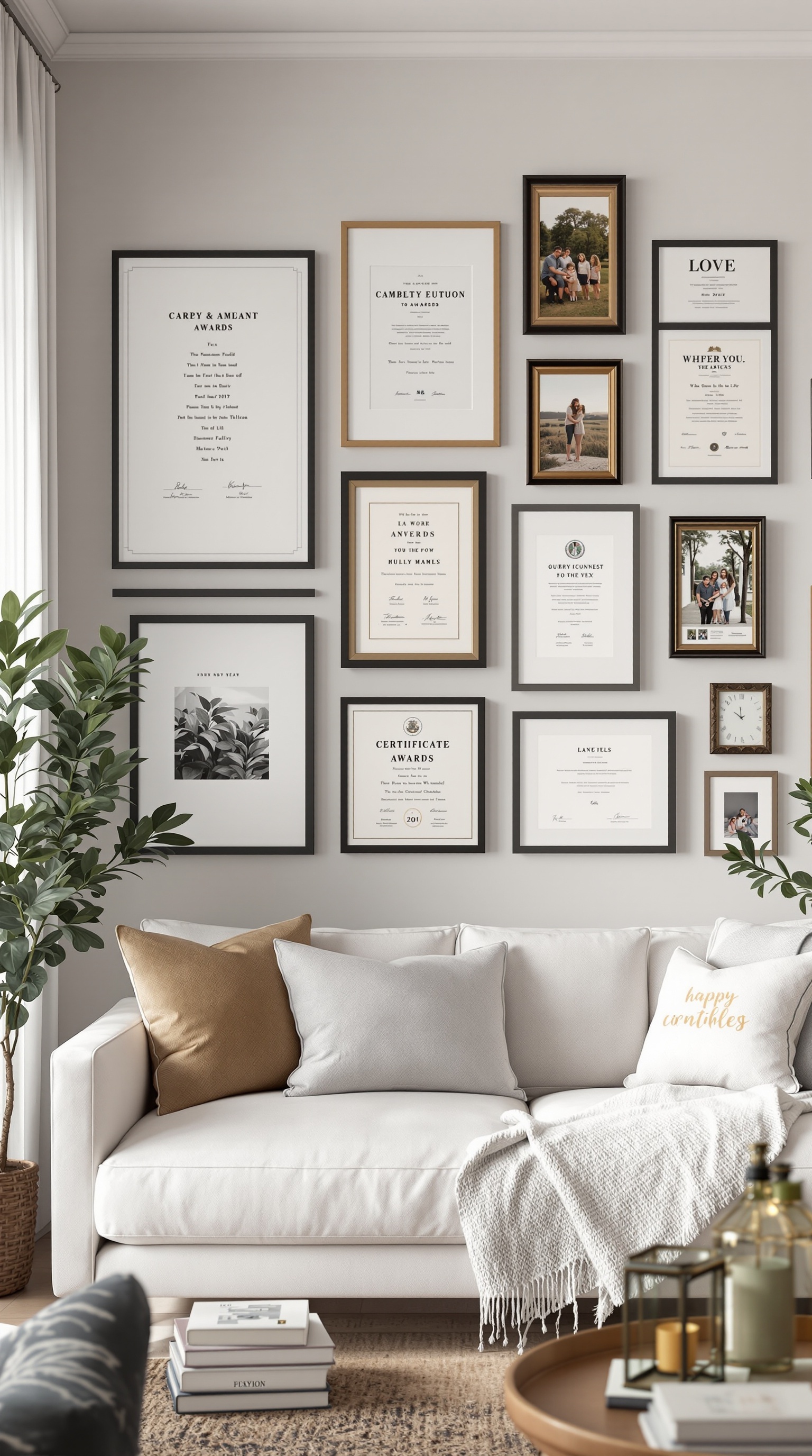 A cozy living room with a gallery wall featuring framed certificates, awards, and family photos.