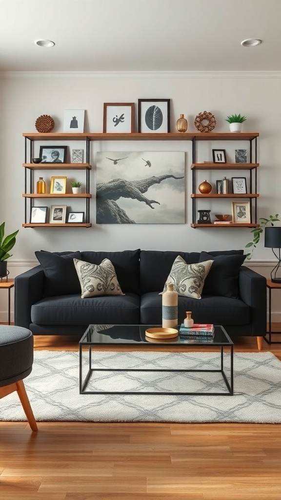 Living room featuring a black couch with decorative shelves displaying personal collections.