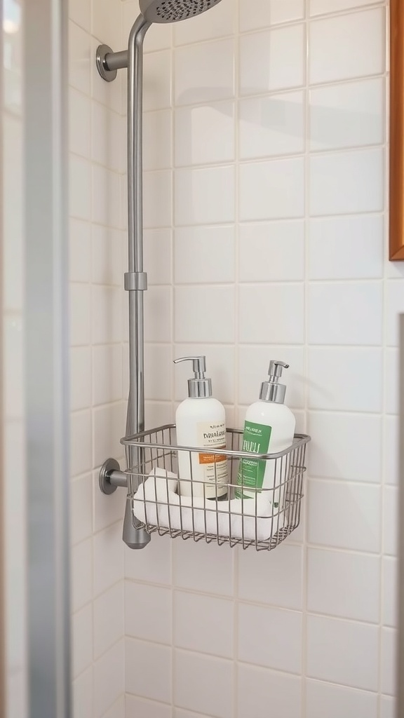A metal shower caddy mounted on the wall holding shampoo, conditioner, and a towel.