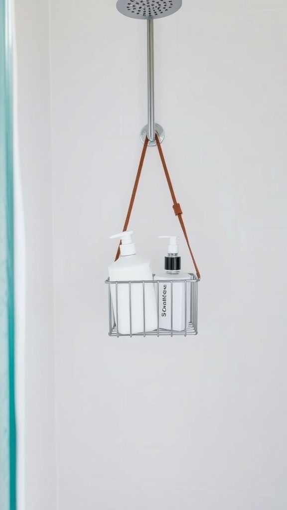 A metal shower caddy hanging from a showerhead, holding two bottles in a modern bathroom setting.