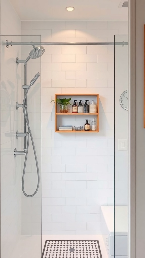 A modern shower featuring a wooden shelf with bath products and a plant.