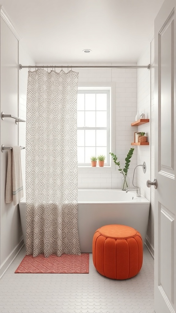 A small bathroom featuring a stand-up shower with a patterned curtain and an orange pouf.
