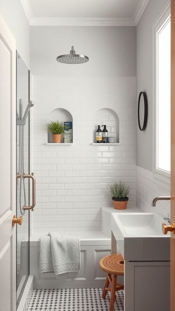 Small bathroom featuring a stand-up shower with built-in niches for storage.