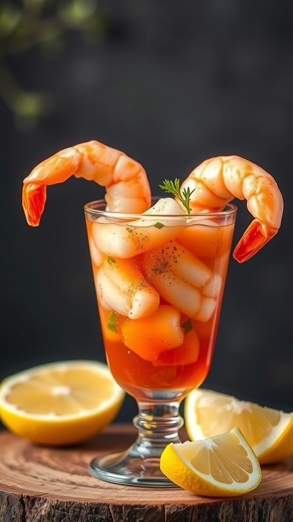 A glass of shrimp cocktail with zesty sauce, garnished with lemon.