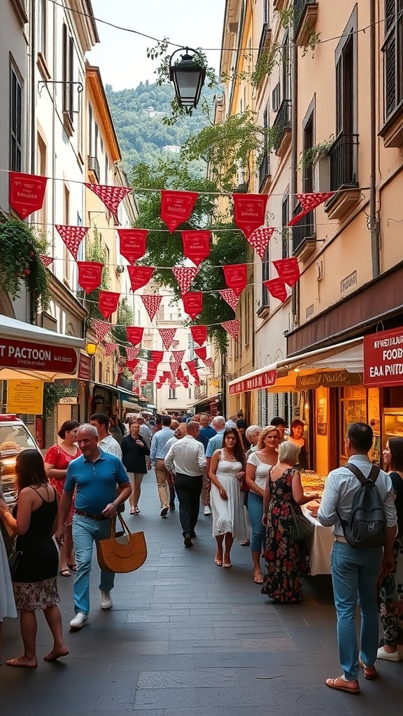 Busy street in Sicily fair with colorful decorations and people enjoying the atmosphere.
