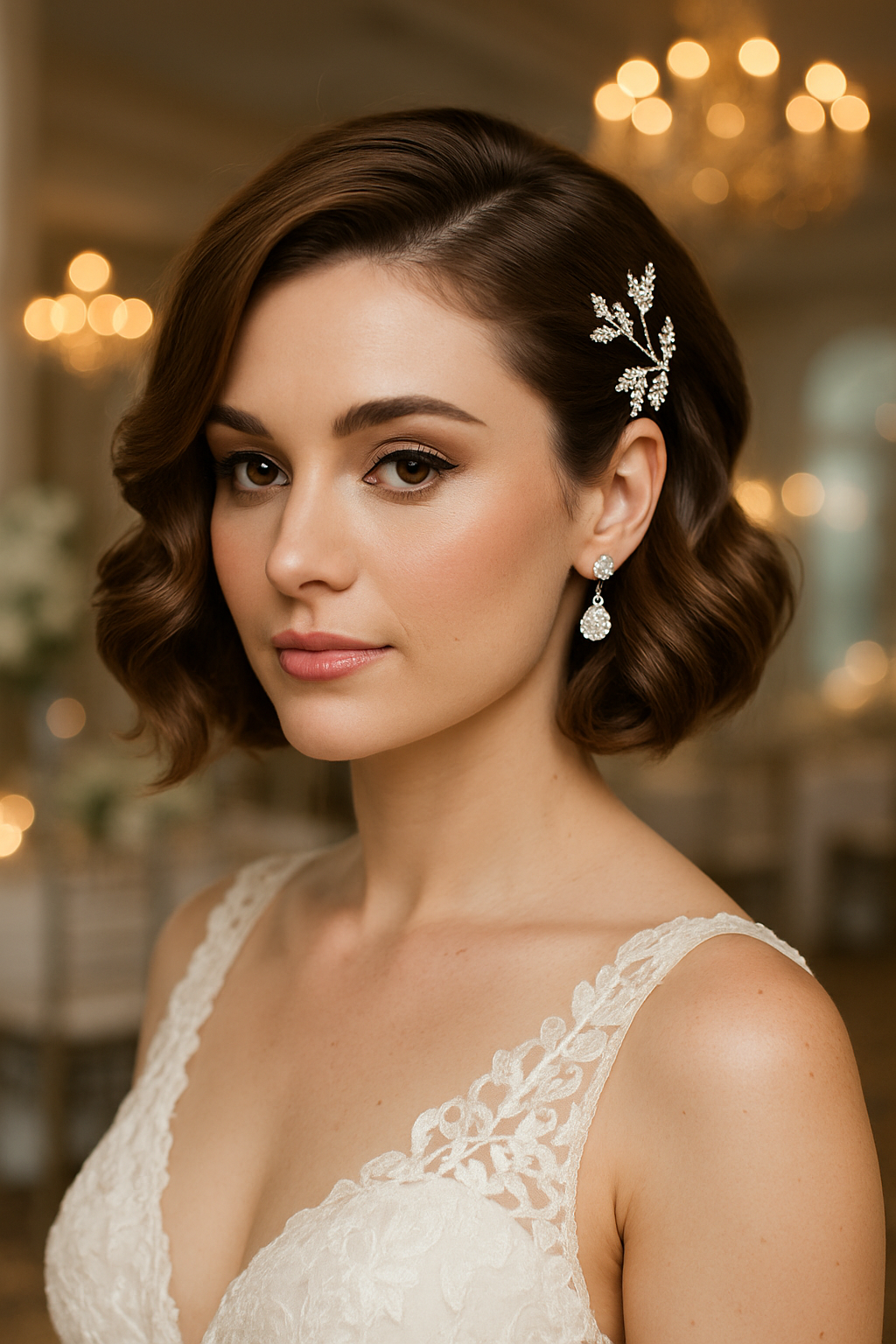 A bride with a side-swept bob hairstyle adorned with sparkling hairpins, wearing a lace wedding dress.