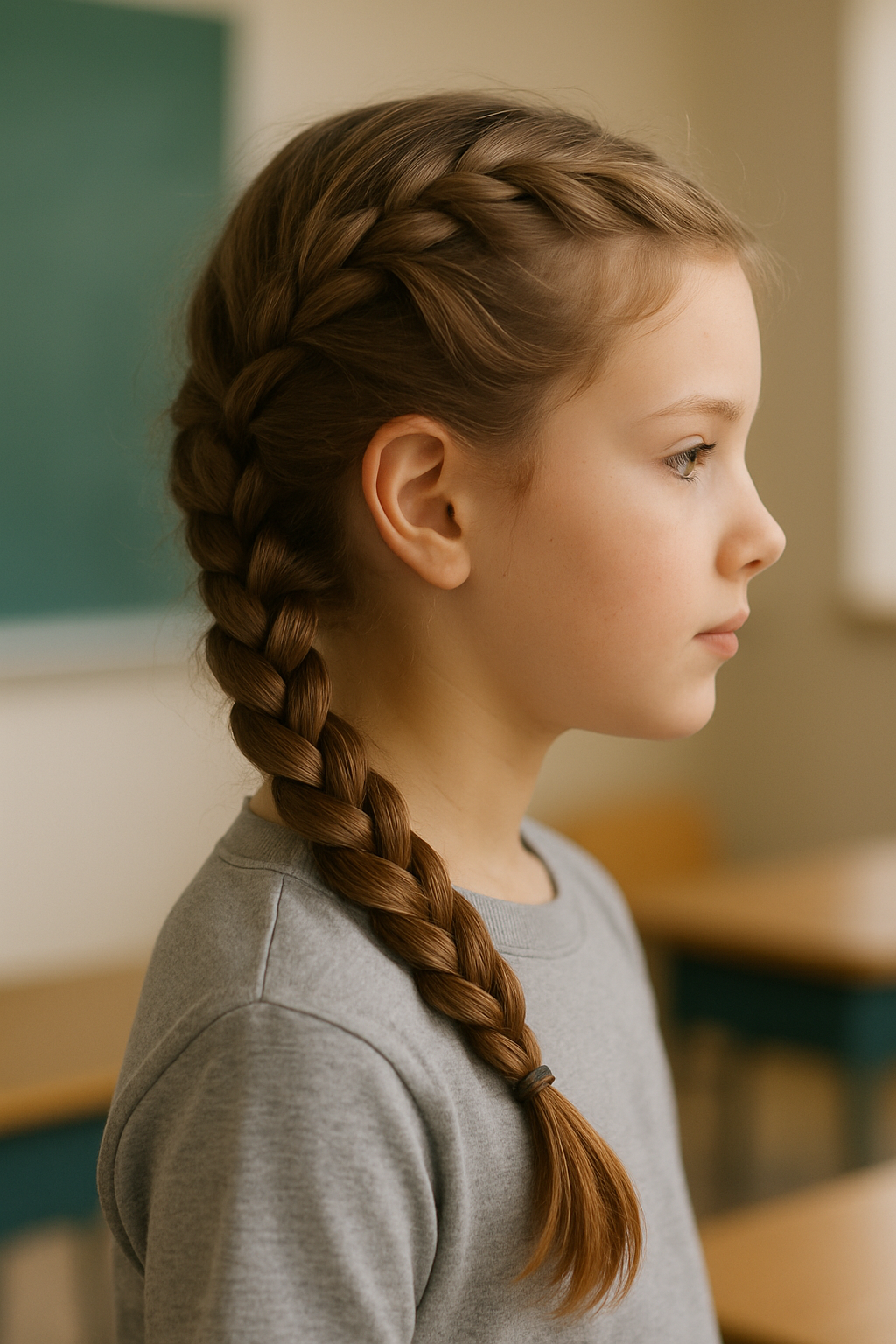 A girl with a side-swept braid, showcasing a neat hairstyle for picture day.