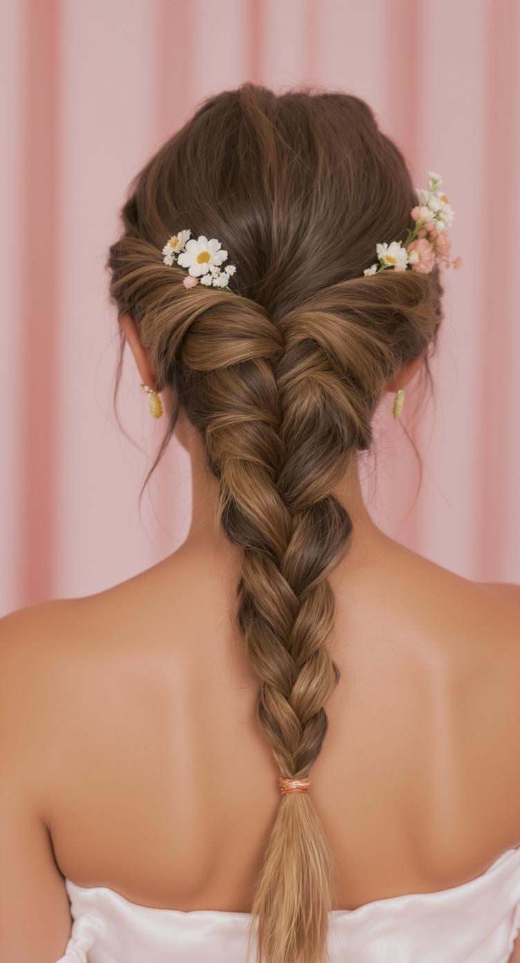 A side-swept braid hairstyle adorned with small flowers, showcasing a beautiful and elegant look.