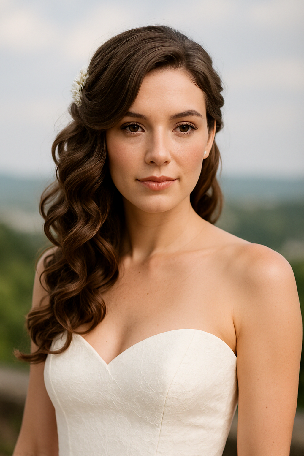 Bride with side-swept curls wearing a strapless wedding dress