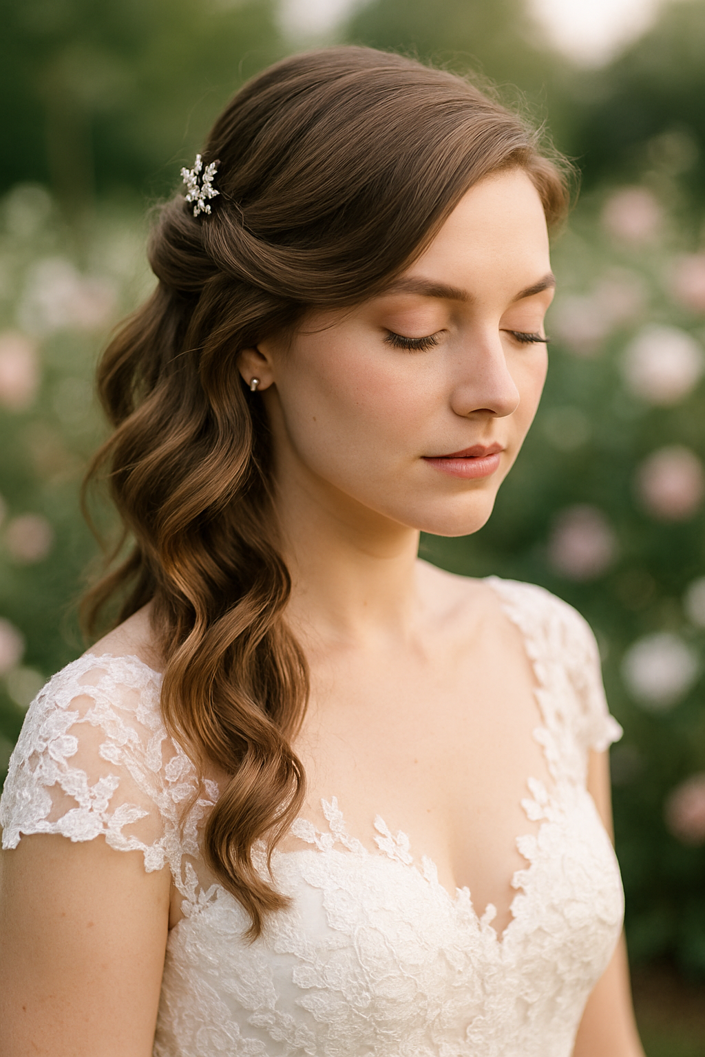 Bride with side-swept curls and a delicate hair accessory, wearing a lace wedding dress.