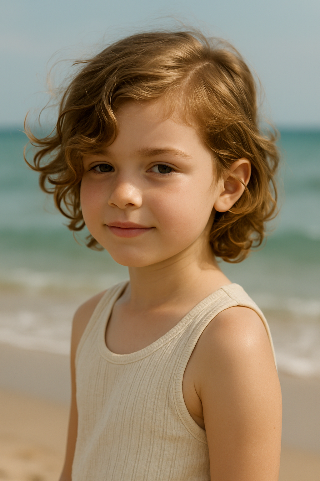 A child with curly hair styled in a side-swept manner, standing by the beach.