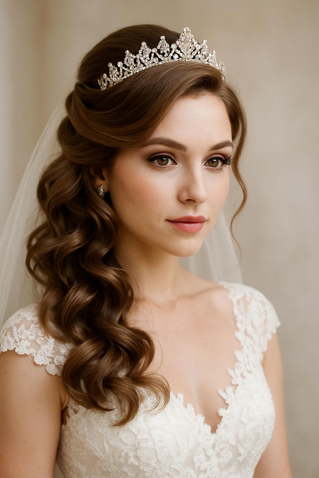 Bride with side-swept curls and a diamond crown, showcasing a romantic wedding hairstyle.