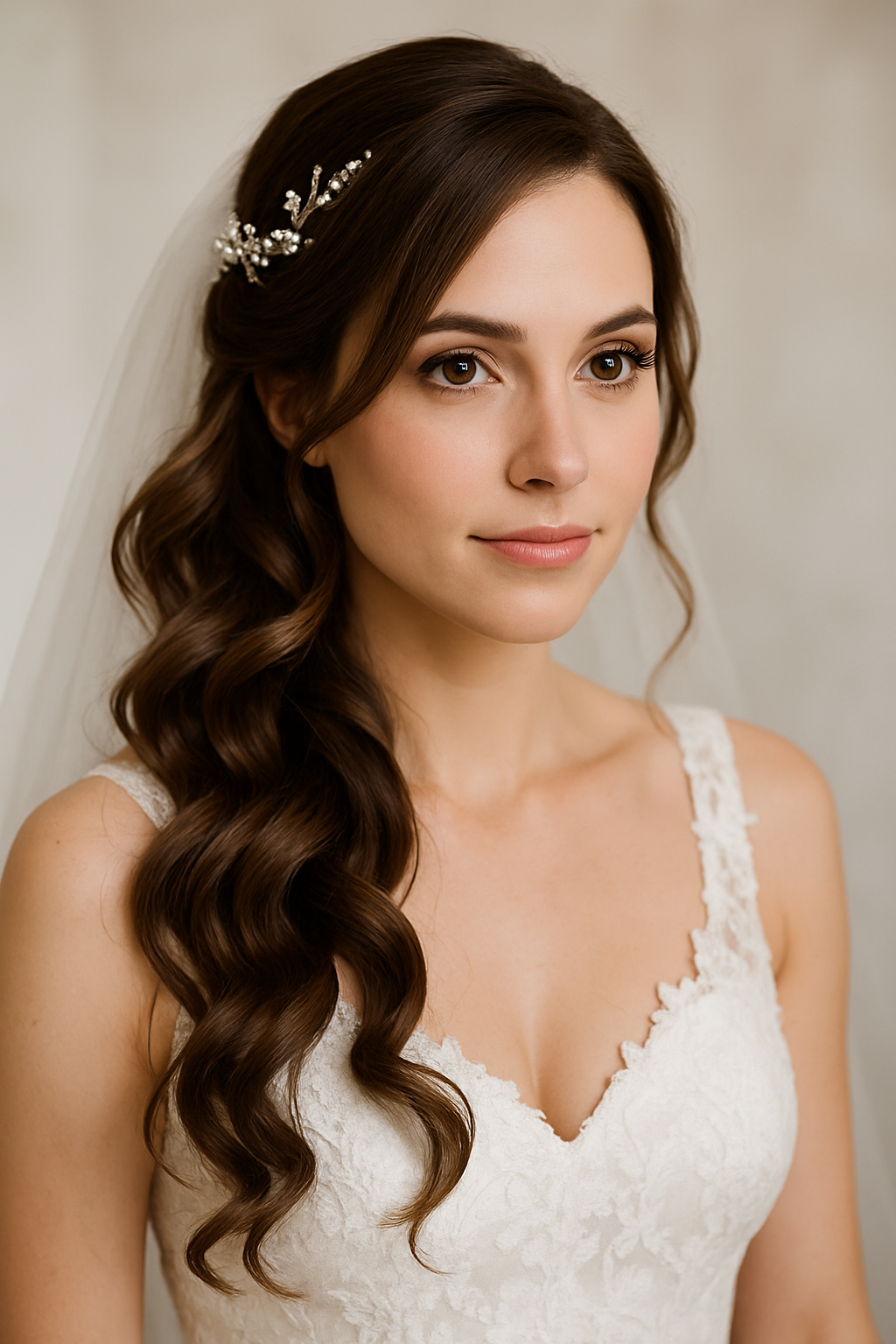 Bride with side-swept curls and a hair vine
