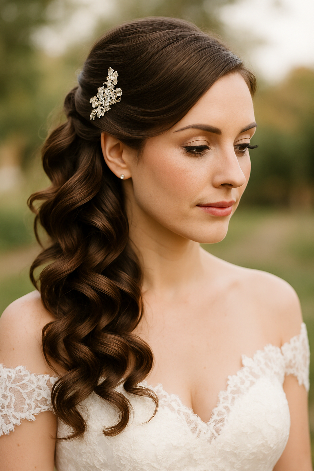Bride with side-swept curls and a decorative hairpin