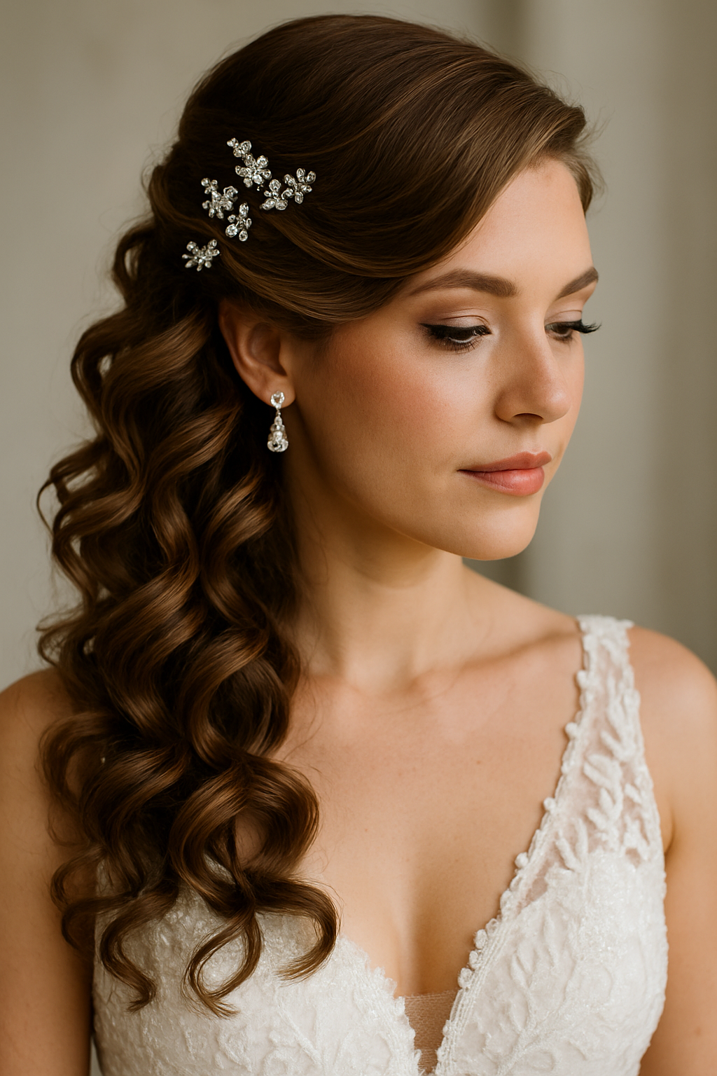 A bride with side-swept curls adorned with decorative hairpins, showcasing a romantic wedding hairstyle.