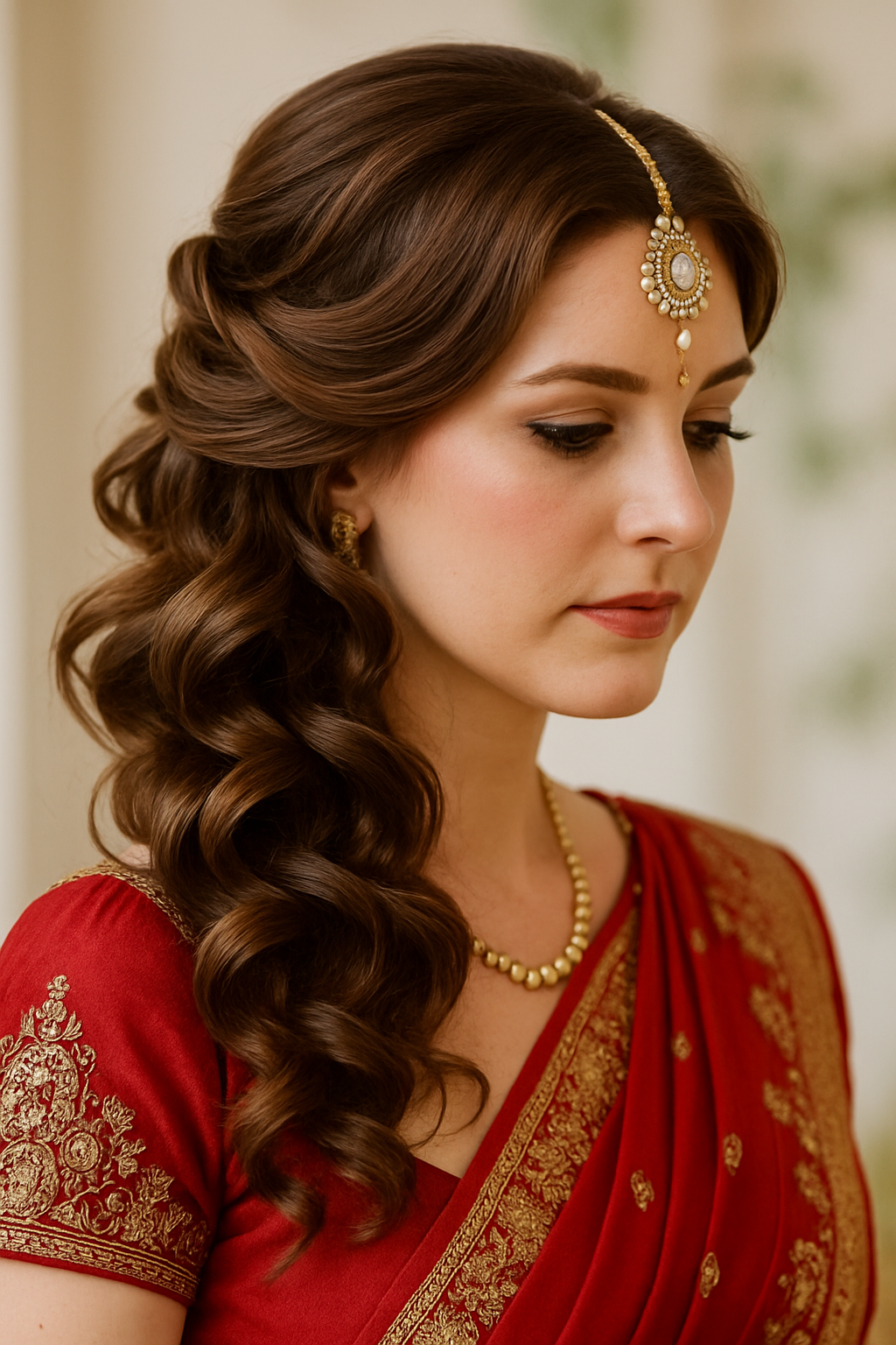 A woman with side-swept curls wearing a red saree and a maang tikka, showcasing an elegant hairstyle for an Indian wedding.