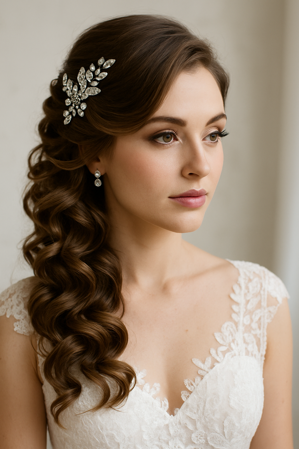 A bride with side-swept curls adorned with a sparkling hair accessory, wearing a lace wedding dress.