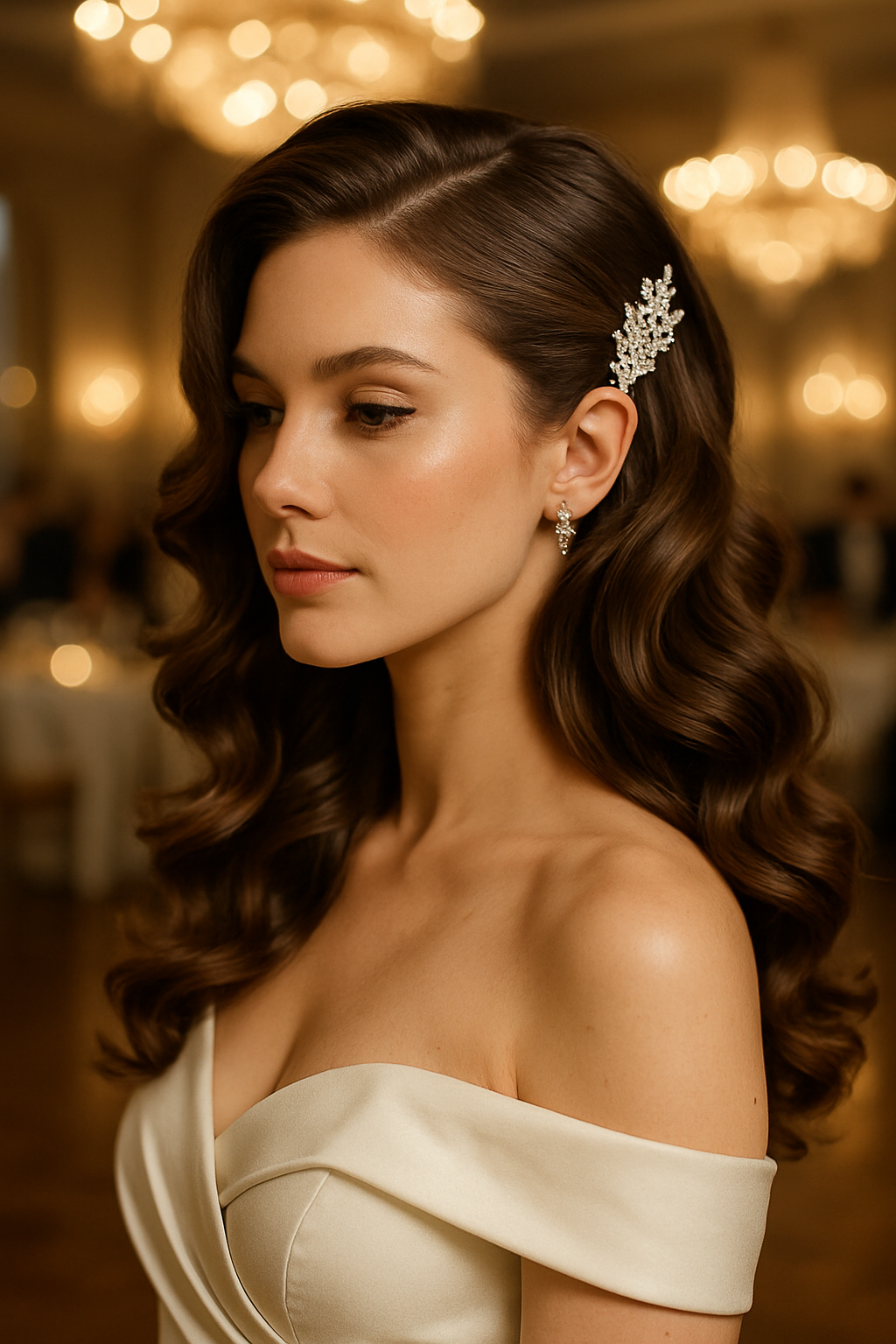 A bride with side-swept curls adorned with a sparkling hairpin, wearing an elegant off-the-shoulder wedding dress.