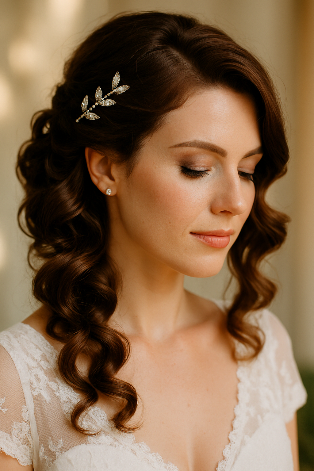 A bride with side-swept curls adorned with sparkling hairpins, showcasing a romantic wedding hairstyle.