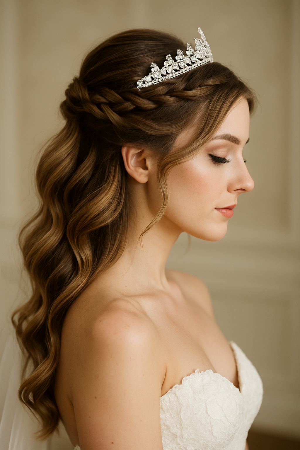 Bride with side-swept curls and a sparkling tiara, showcasing an elegant wedding hairstyle.