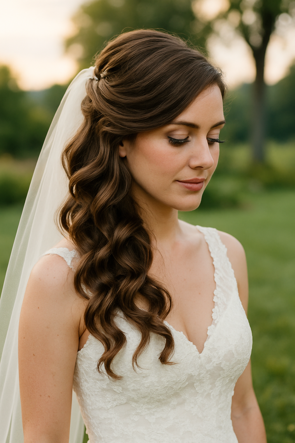 Bride with side-swept curls and a veil
