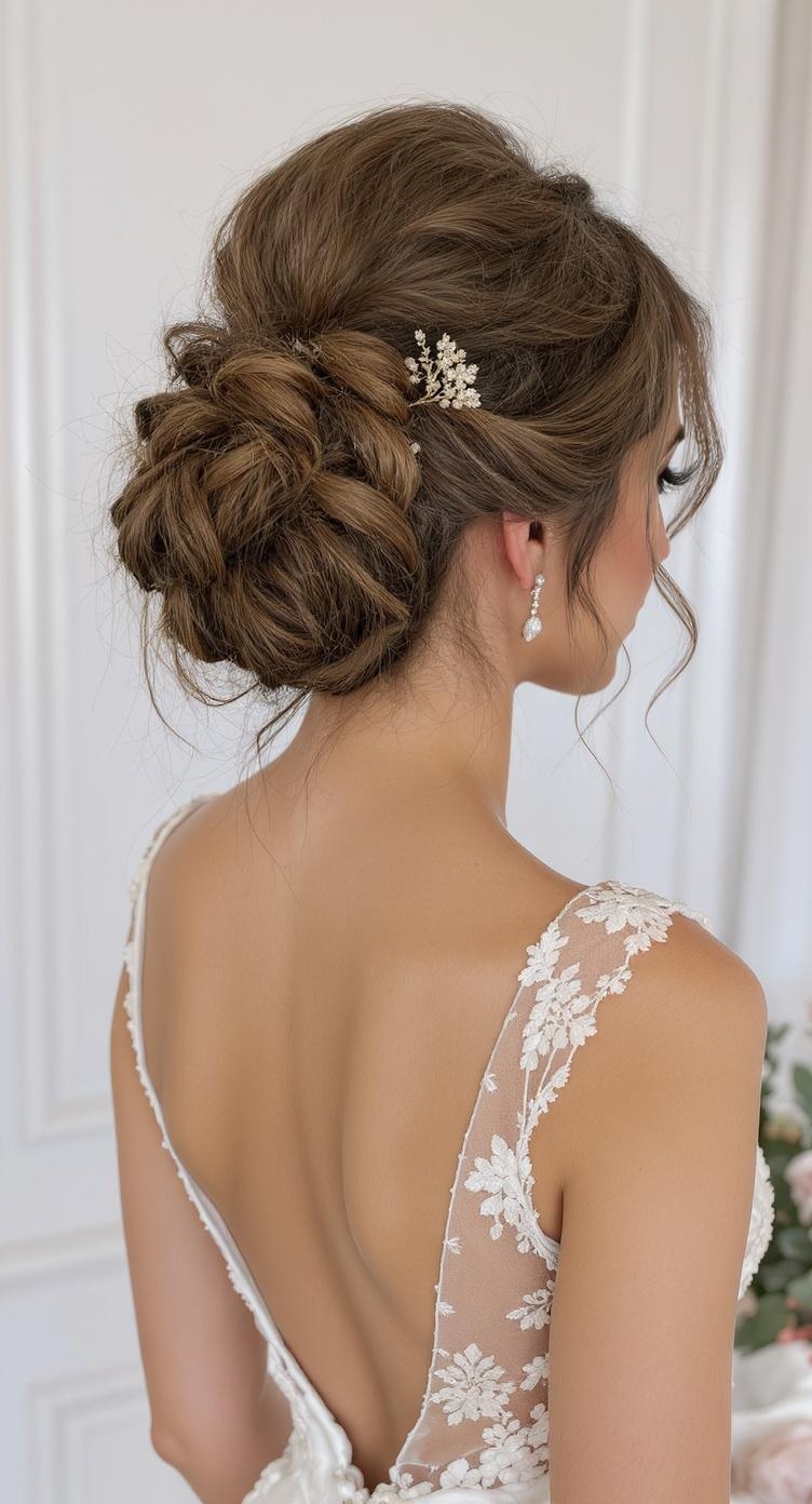 A bride with a side-swept curly bun hairstyle, adorned with a floral hair accessory, showcasing an elegant backless wedding dress.