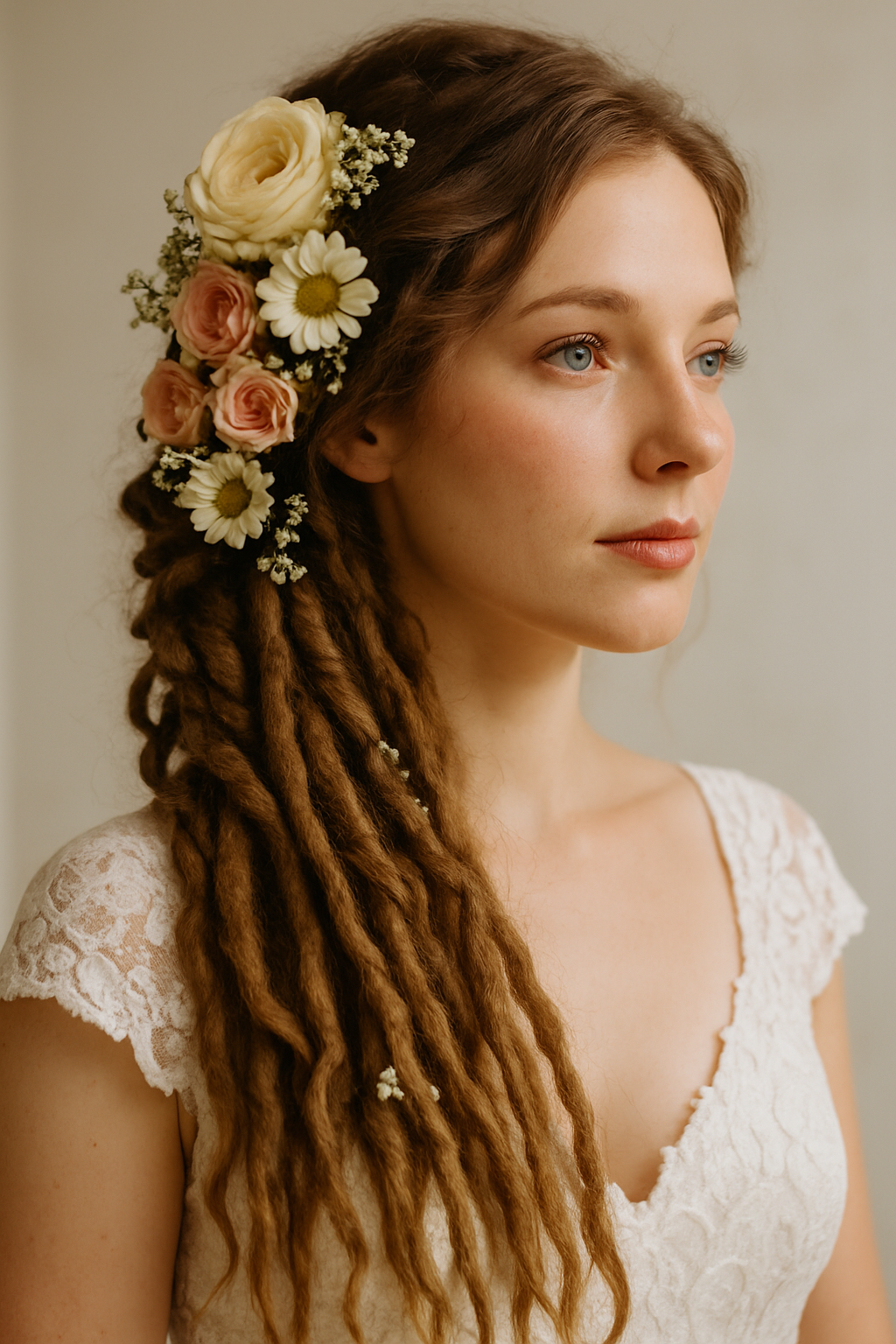 A bride with side-swept dreadlocks adorned with flowers, showcasing a romantic wedding hairstyle.