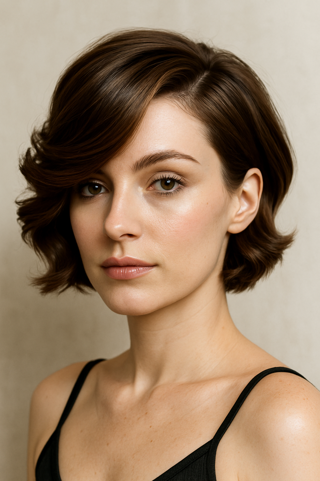 A woman with short hair styled in a side-swept glamour hairstyle, featuring soft waves.