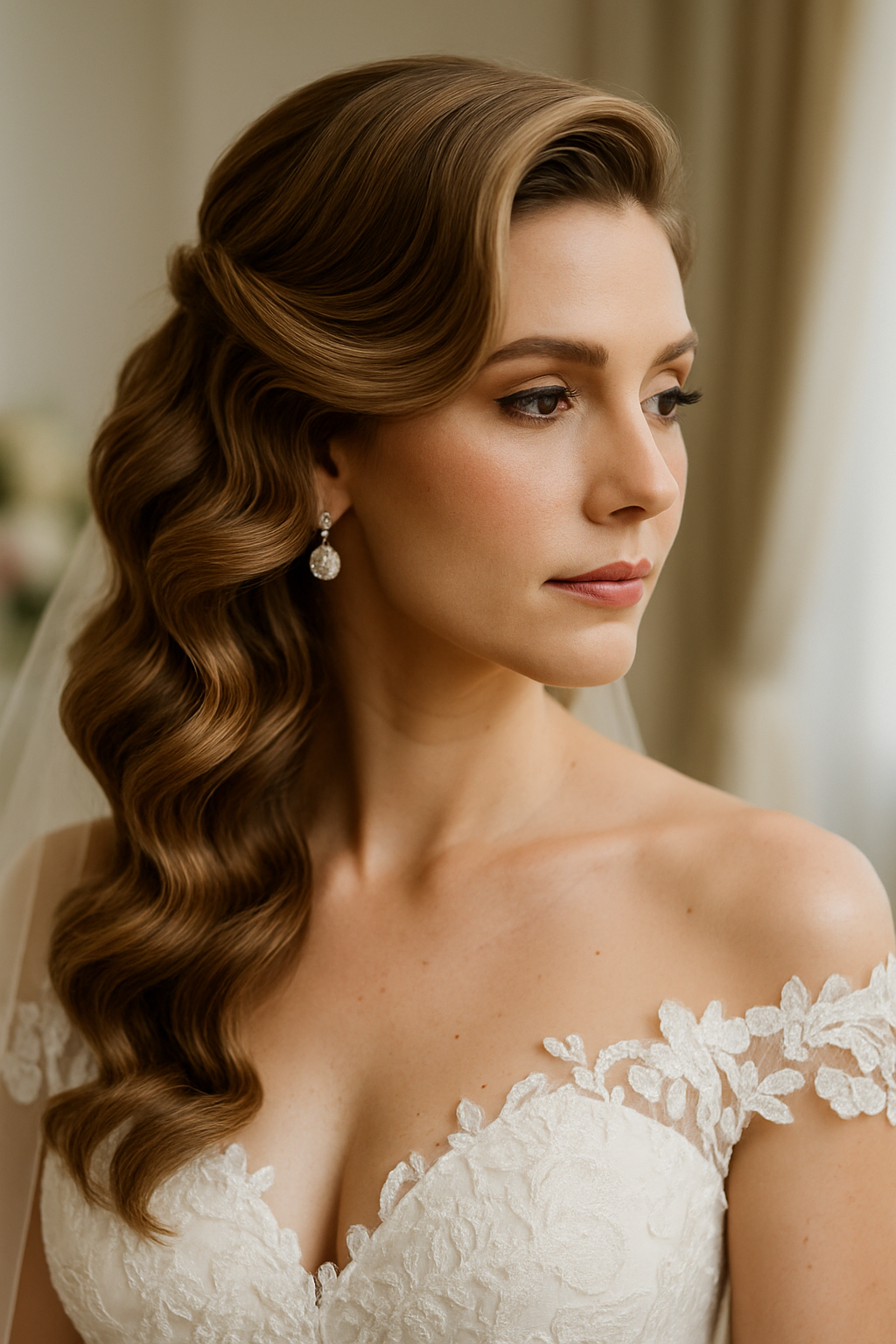 A bride with side-swept hair styled in bold waves, wearing elegant earrings and a lace wedding dress.
