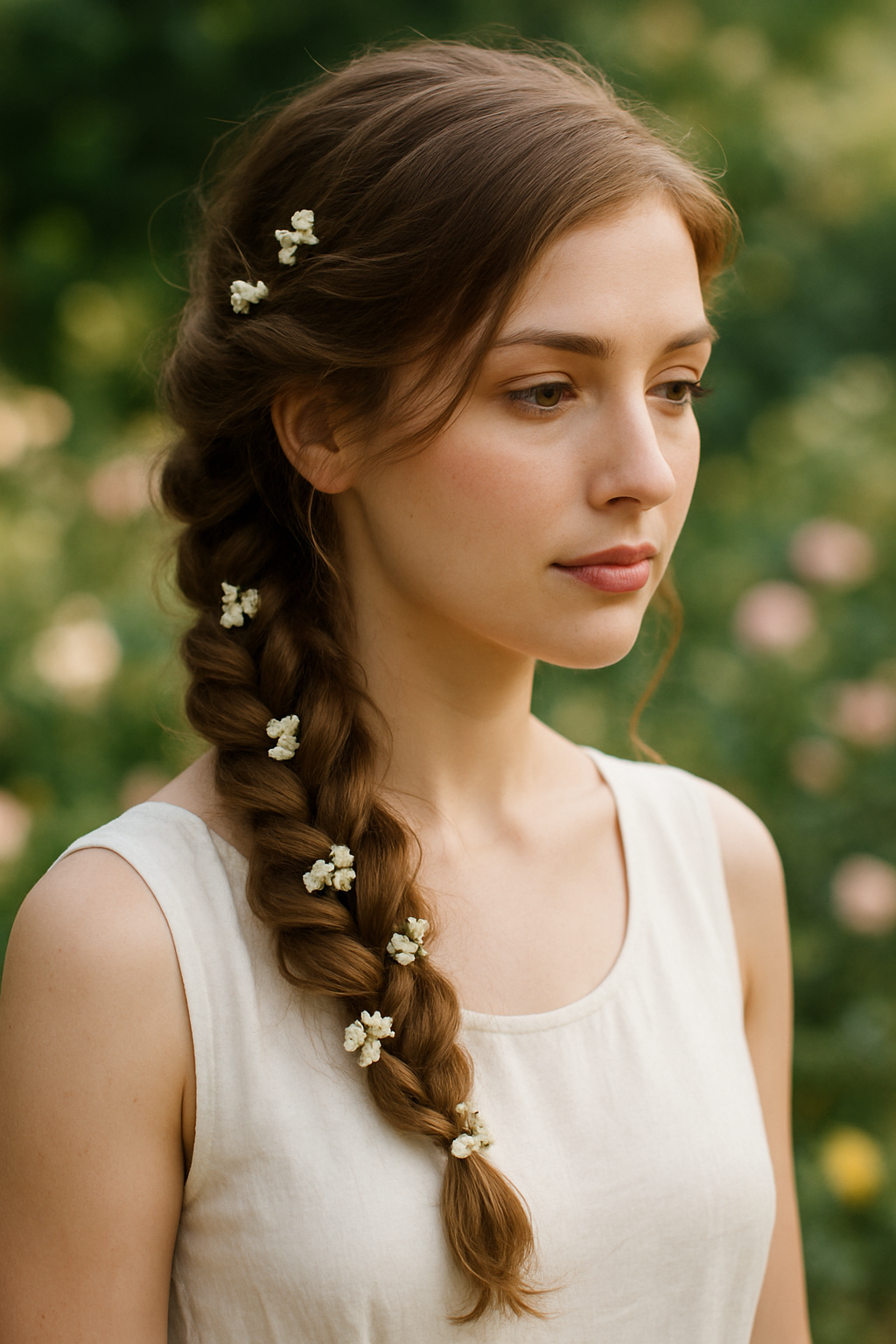 A woman with a side-swept loose braid adorned with small white flowers, set against a blurred green background.