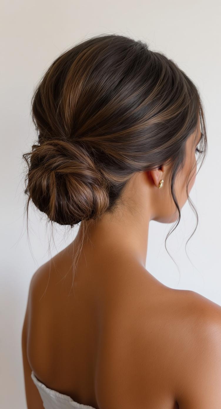 A side-swept low bun hairstyle with loose strands framing the face.