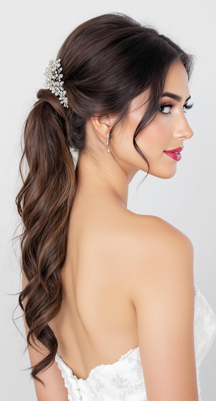 A side-swept ponytail hairstyle with elegant draping, featuring gentle waves and a decorative hairpiece.