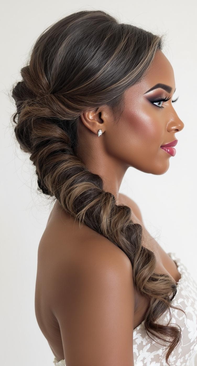A side-swept ponytail with waves, showcasing a beautiful hairstyle for bridesmaids.